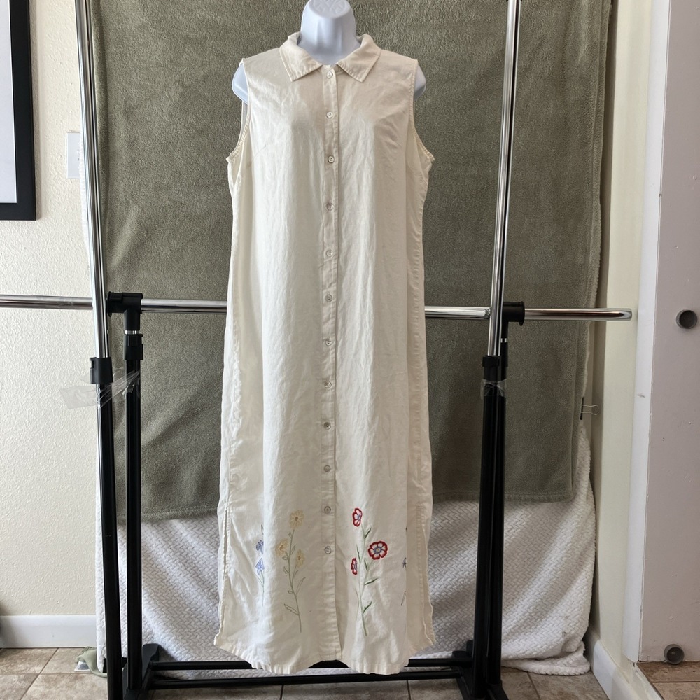 VTG Linen Rayon Blend Embroidered Maxi Dress Sz 14‎ Floral Lagenlook Coastal 90s